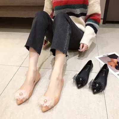 SHALLOW MOUTH LOW TOP PEARL BOW FLAT SHOES 